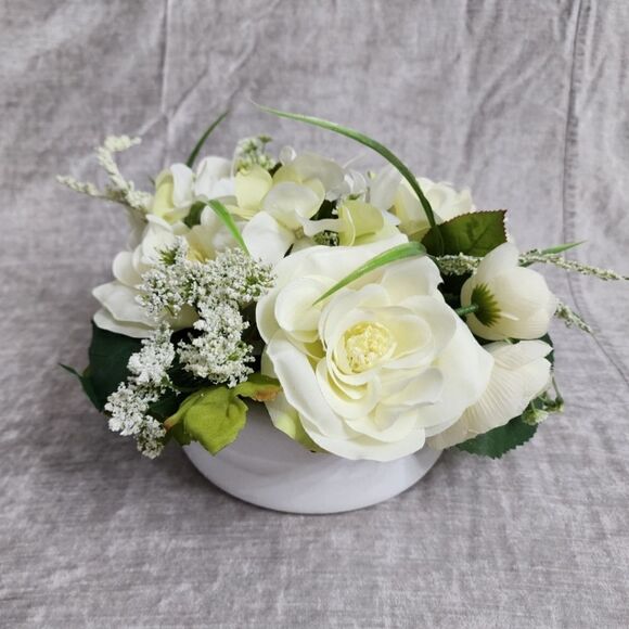 New Silk Ivory Rose and Hydrangeas Arrangement in Ivory Round Vase - Picture 2 of 7